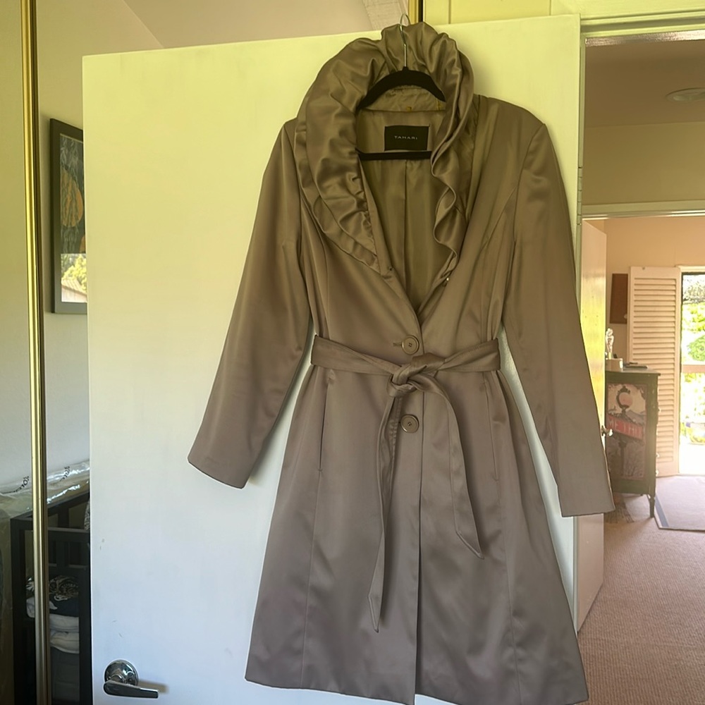 Tahari pewter raincoat with magnificent detail